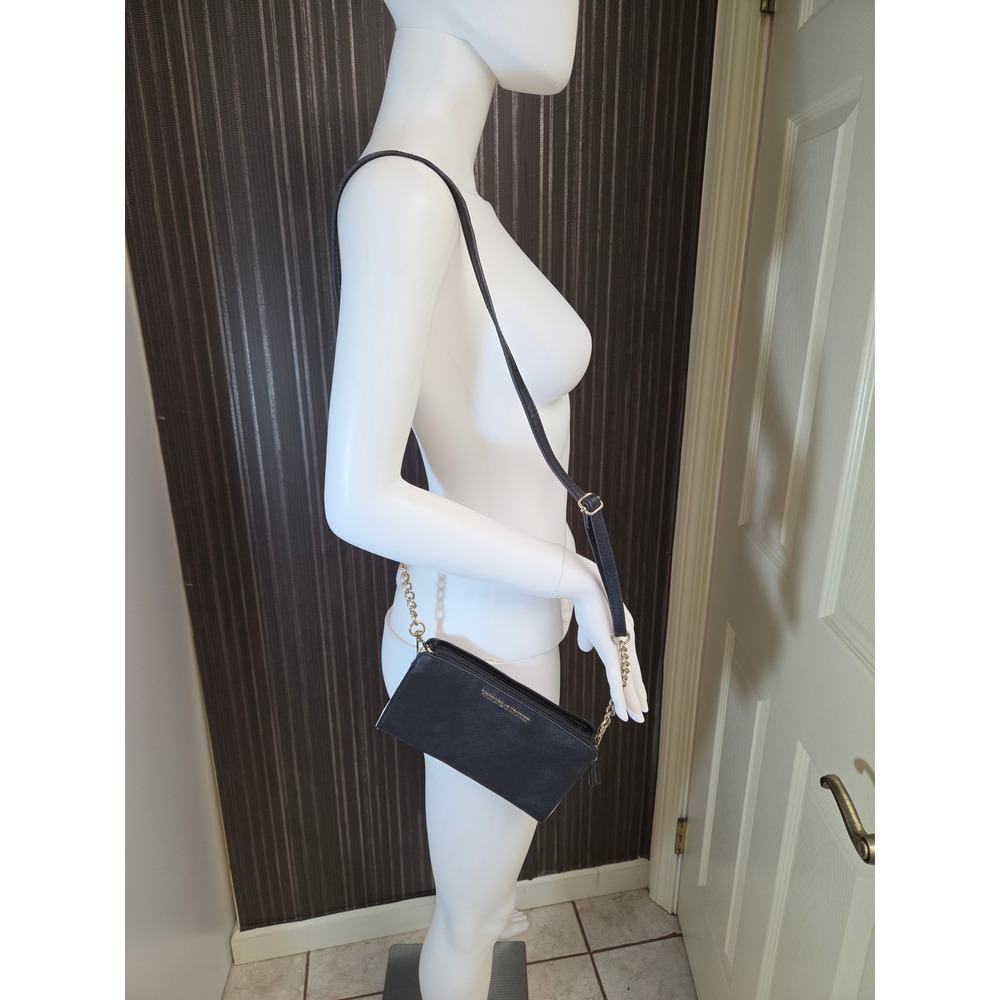 Victoria's Secret Black Saffiano Crossbody Bag Gold Chain Strap Logo Purse